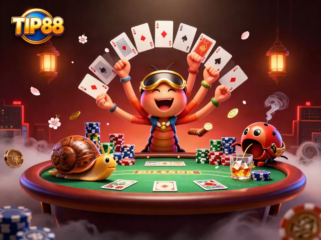 Join the excitement at TIP88 with a vibrant casino scene featuring poker cards, playful characters, and rich game elements.
