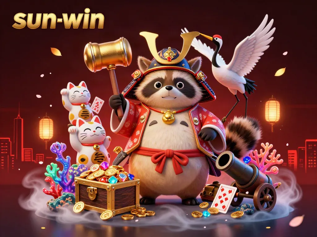 Experience winning excitement with a vibrant sun-win themed illustration featuring cheerful tanuki and lucky symbols.