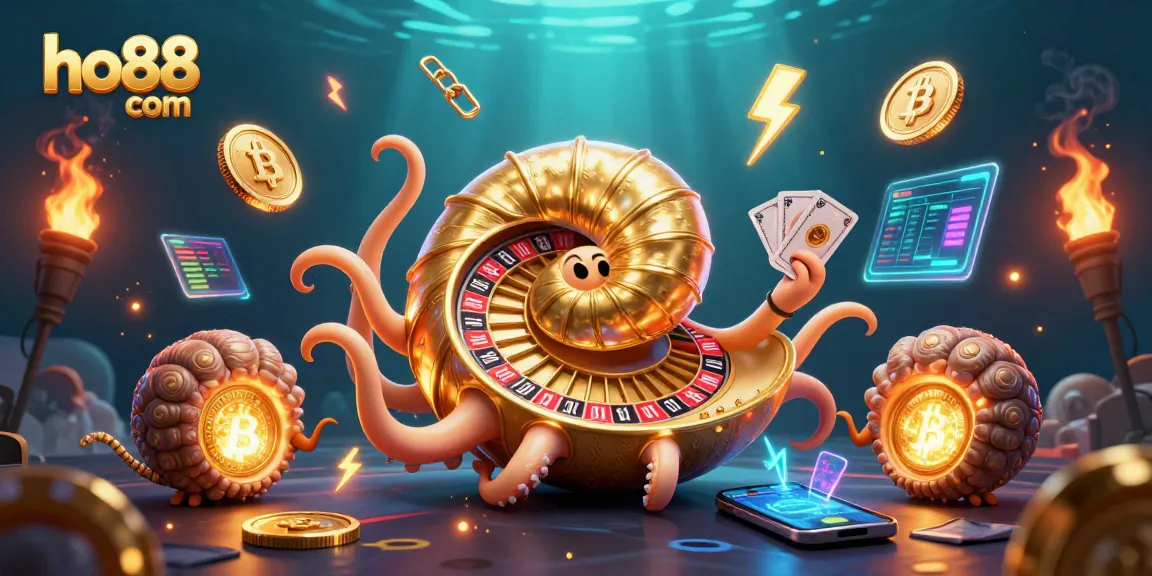Experience the excitement of ho88 com with a vibrant gaming scene featuring a giant nautilus as a roulette wheel.