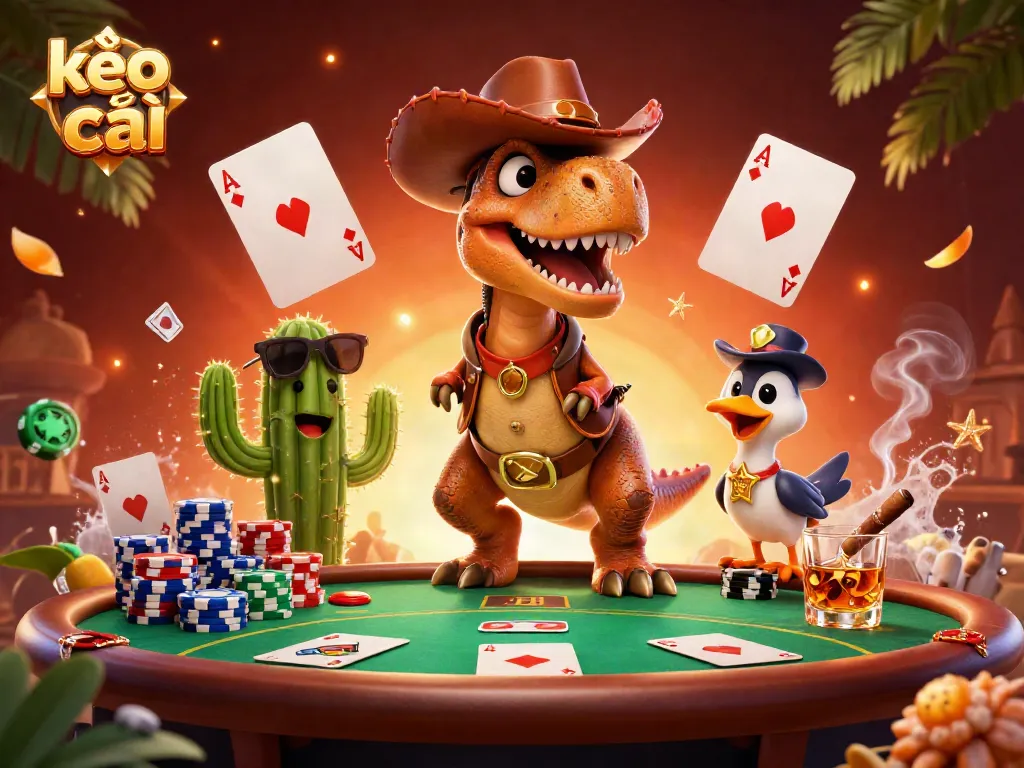 Play poker and strategize at kèo nhà cái with a cowboy dinosaur, poker chips, and cards.