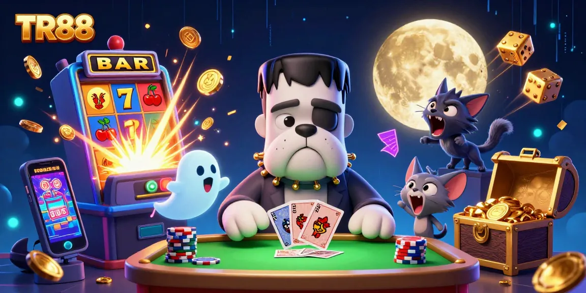 Engage with TR88 as Frankenstein bulldog deals cards at a thrilling casino scene.