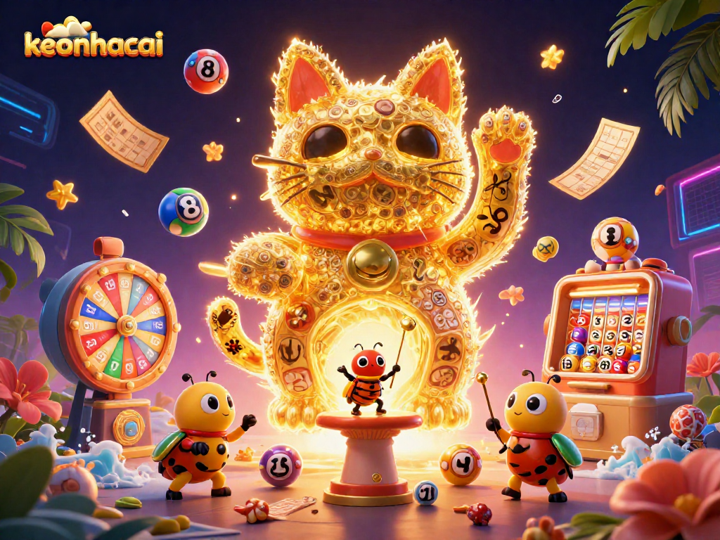 Experience keonhacai's vibrant lottery game scene featuring golden fireflies and dynamic symbols.