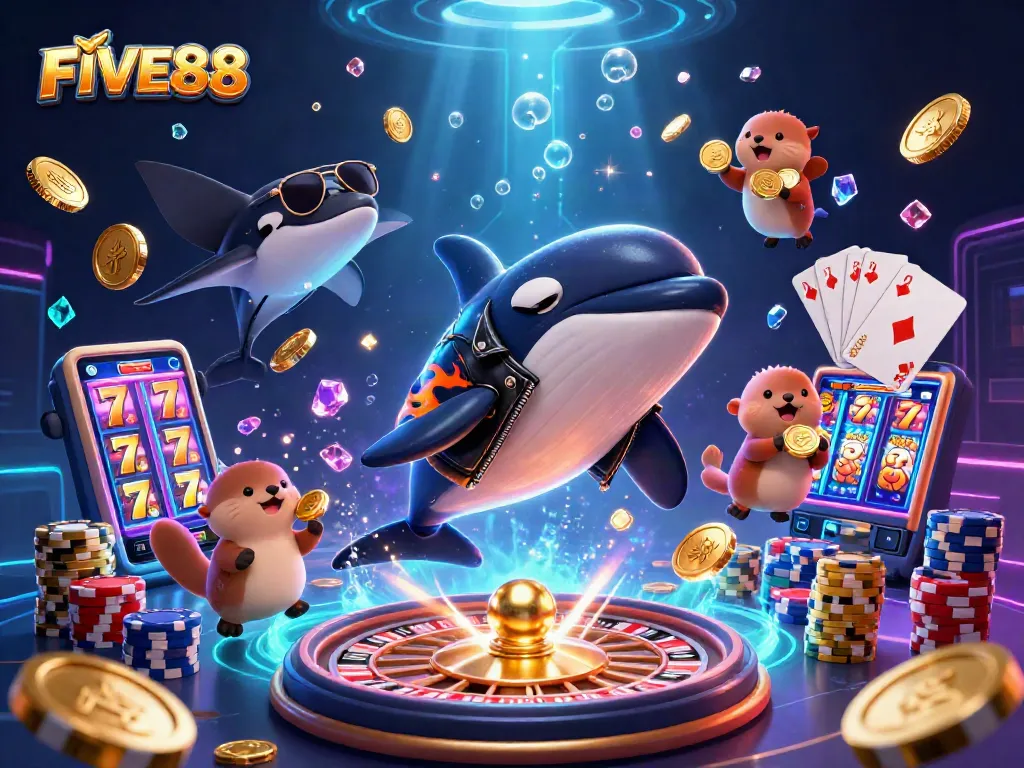 Experience the excitement of FIVE88 with vibrant characters and dynamic casino elements in a thrilling underwater scene.