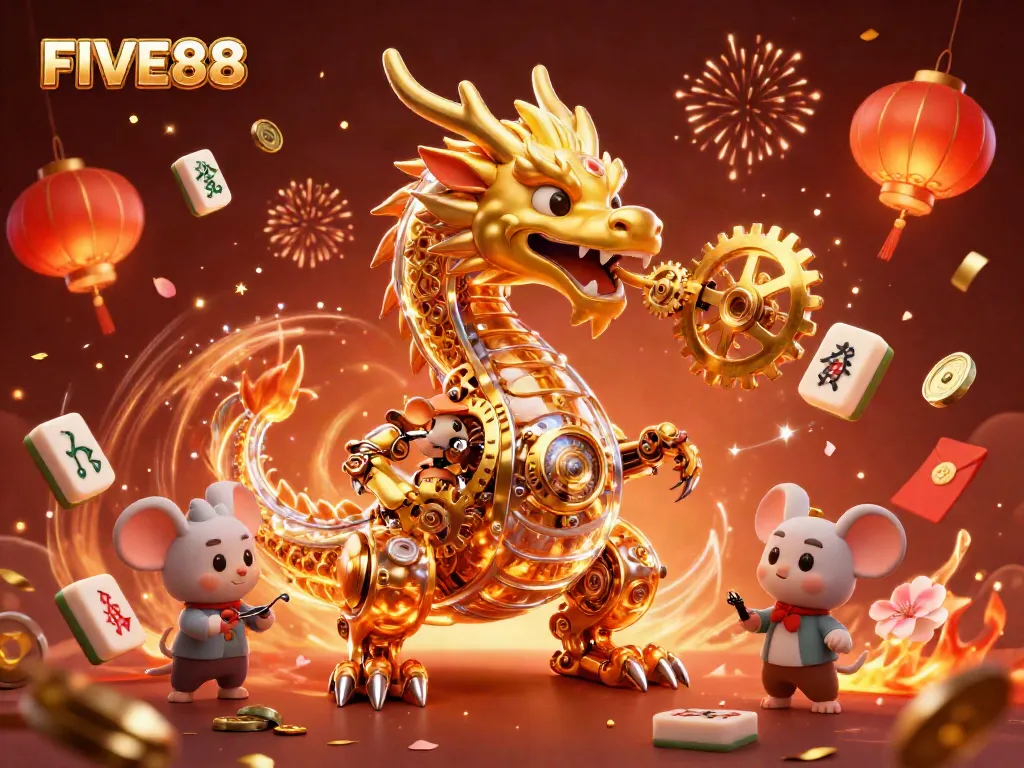 Engaging gamblers at FIVE88 with a vibrant 3D casino scene showcasing a golden dragon and immersive game elements.