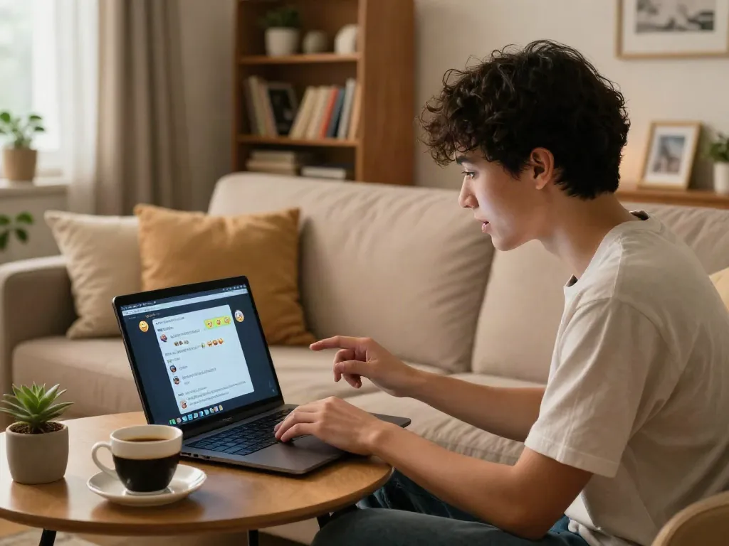Youth engaging in AI chat porn on a laptop in a cozy home setting, emphasizing intimacy and connection.