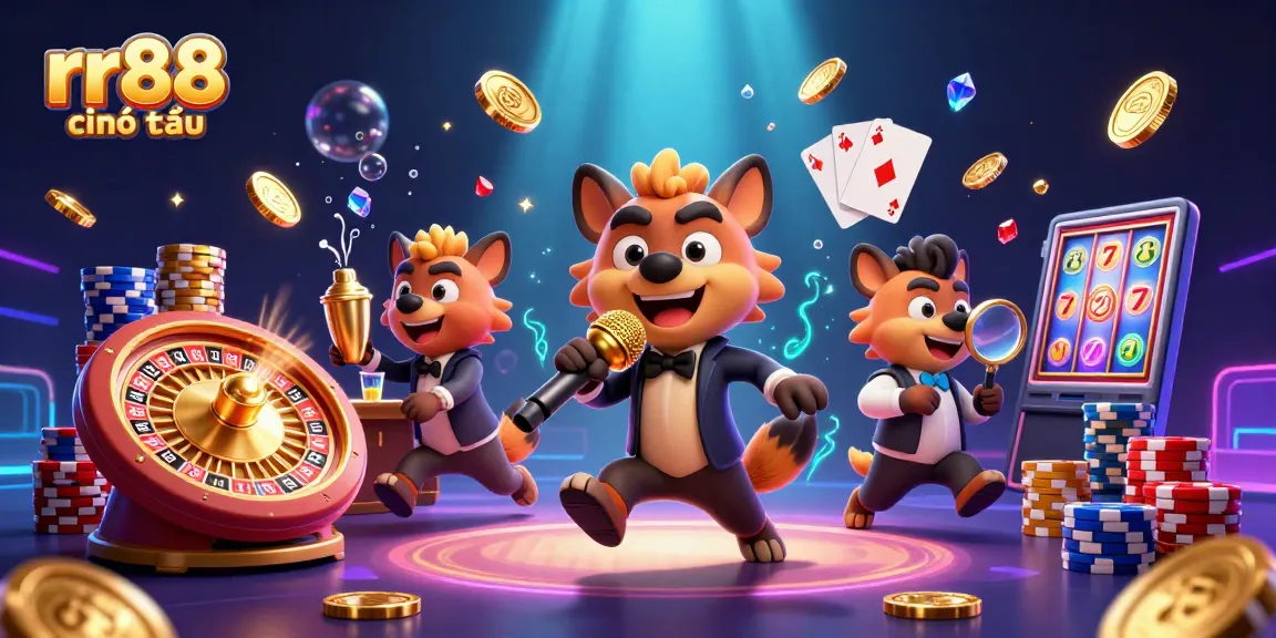 Experience rr88 chính thức with vibrant casino action and lively characters in a 3D illustration.