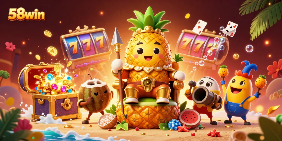 Engage in thrilling gaming at 58win with the vibrant beach casino showcasing playful characters and energetic gaming elements.