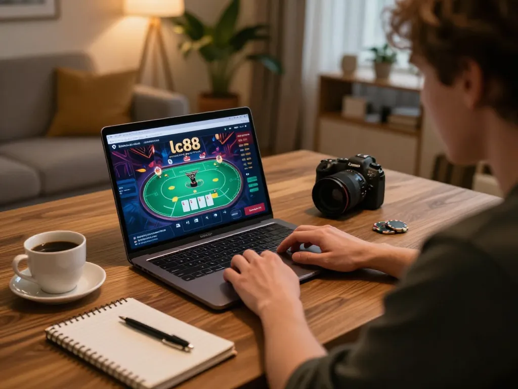 Player engaging in lc88 online gaming with laptop, showcasing a dynamic poker game