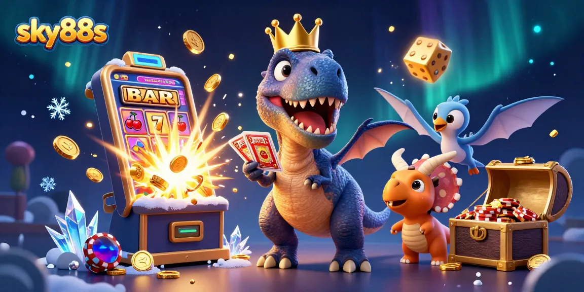 Engage with sky88s casino's thrilling atmosphere featuring playful dinosaurs in a vibrant 3D illustration.
