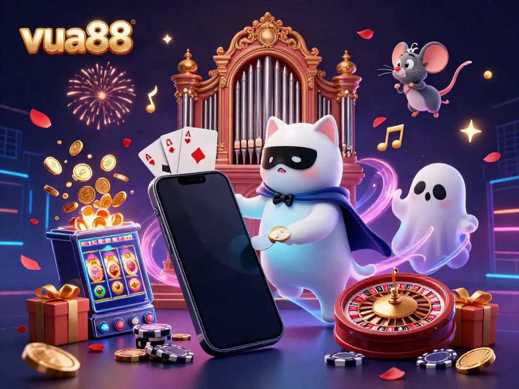 Experience the thrilling joy of gaming at vua88 with vibrant casino elements and dynamic characters.