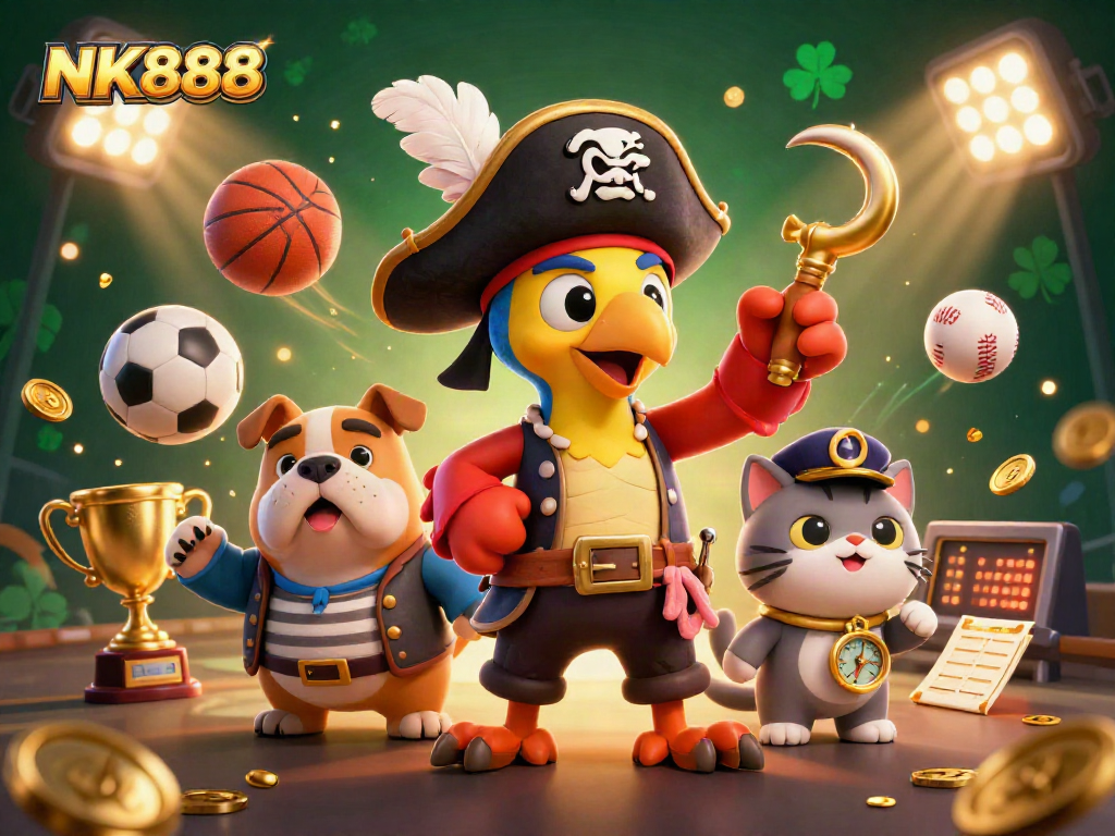 NK888 themed illustration with pirate characters and dynamic gambling elements showcasing excitement and adventure.
