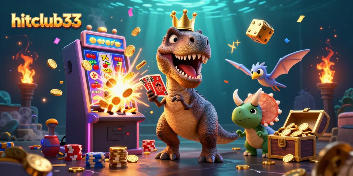 Engage in thrilling casino fun at hitclub33 with a cartoon T-Rex, pterodactyl, and triceratops amidst rich game elements.