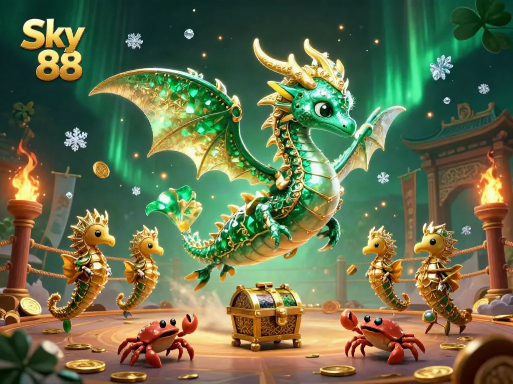 Experience the thrill of Sky 88 with dragon and treasure in this vibrant casino illustration.