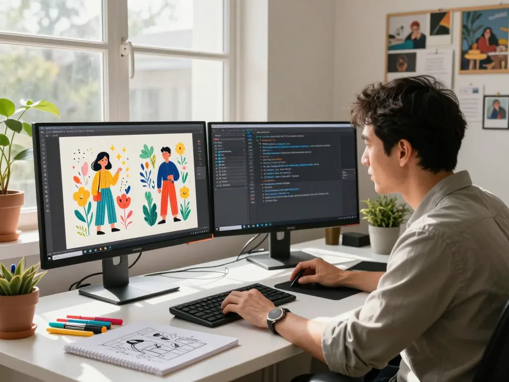 Artist using Nano Banana Pro AI image editor in a vibrant creative workspace.