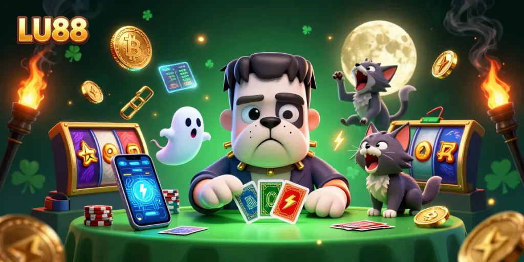 LU88 features a Frankenstein bulldog monster dealing cards amidst Bitcoin coins and slot reels.