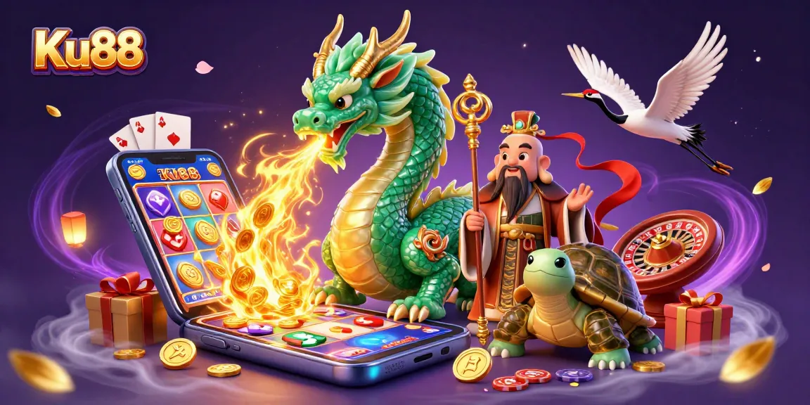 Engage with thrilling Ku88 casino adventures featuring an energetic dragon and lucky crane duo.