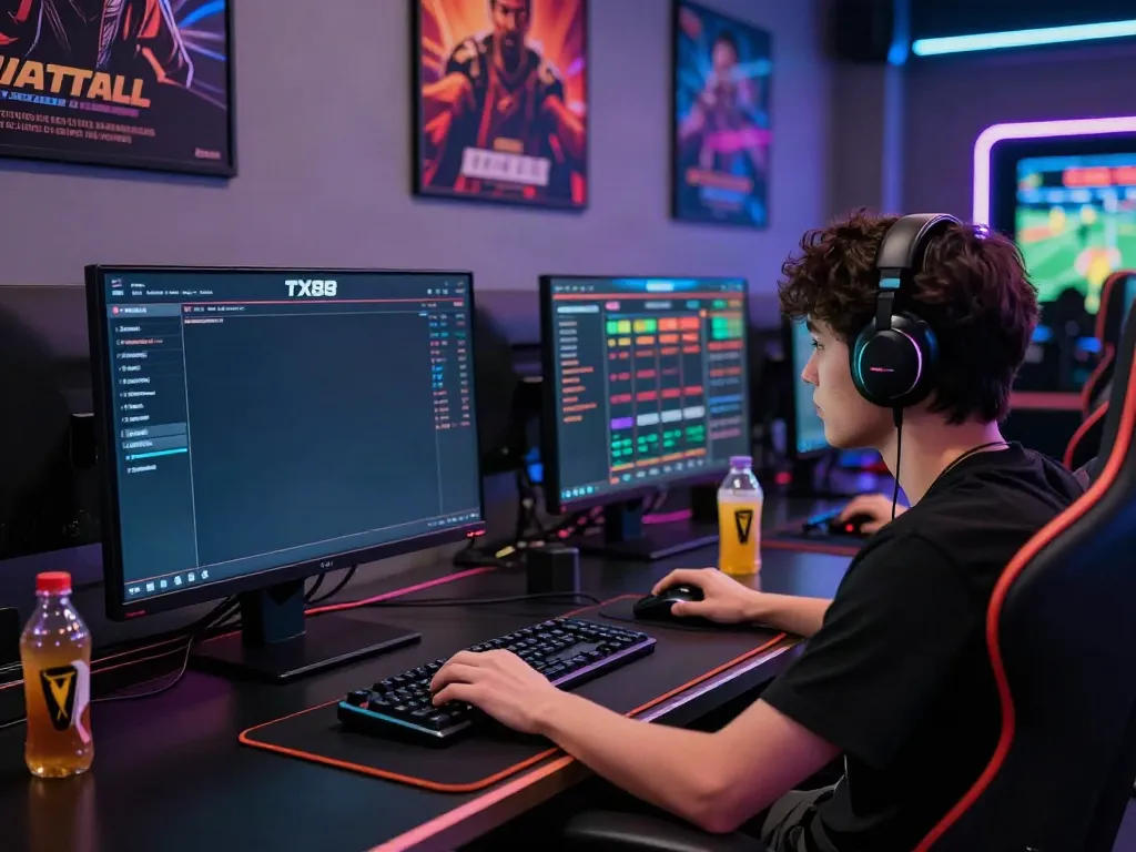 Engaged user logging into TX88 sports betting platform in a vibrant gaming setup.