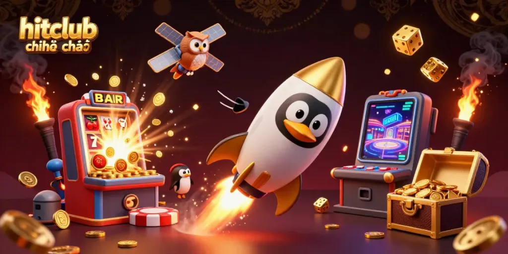 Experience the excitement of hitclub chính chủ with a golden penguin and casino elements in a vibrant 3D illustration.