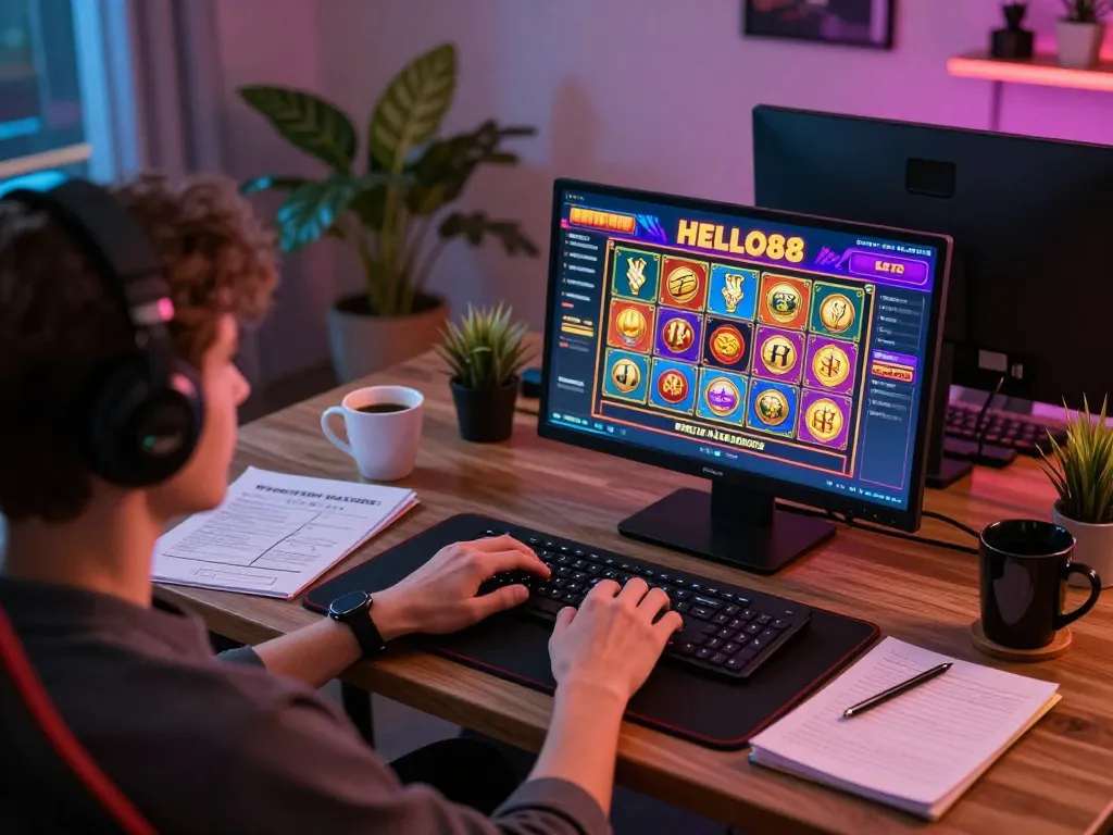 Engaging in online casino at HELLO88 with vibrant gaming interface and cozy atmosphere.