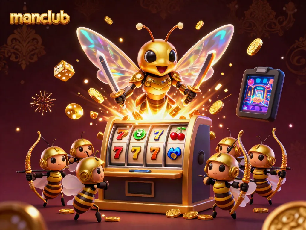 Experience amazing luck at manclub with a golden hornet wielding honey katanas, surrounded by joyful casino winnings.
