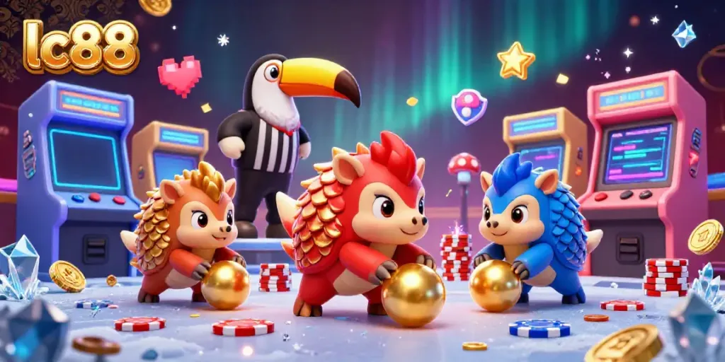 The lc88 pangolins compete in a vibrant casino scene with poker chips and arcade machines.