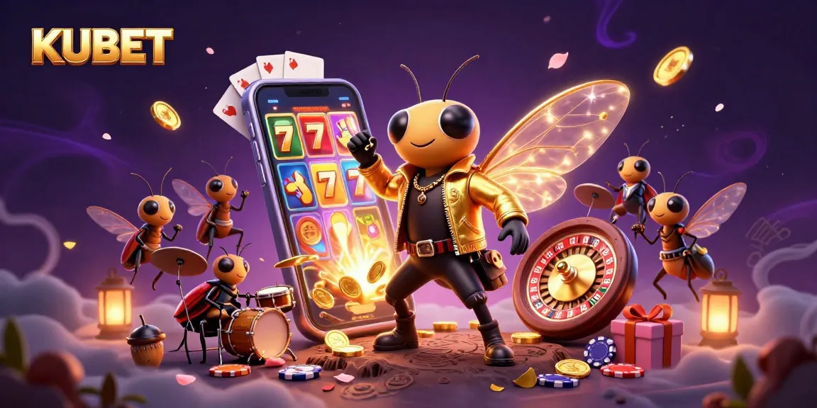 KUBET showcases a vibrant casino scene with a cicada rock star, betting elements, and dynamic energy.