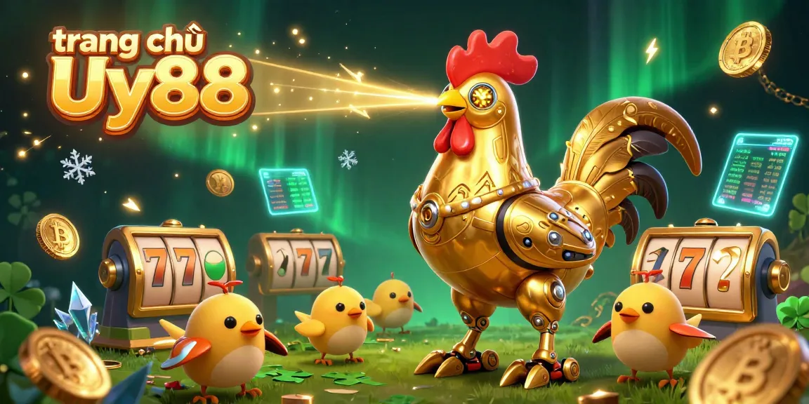 Engage in gaming excitement on trang chủ Uy88 with dynamic golden rooster robots and vibrant slot machine elements.