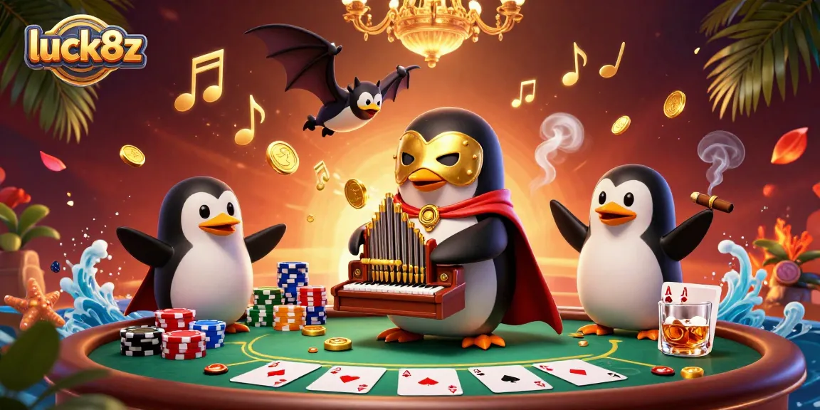 Experience luck8z's thrilling gameplay with a whimsical 3D character scene featuring poker excitement and golden rewards.