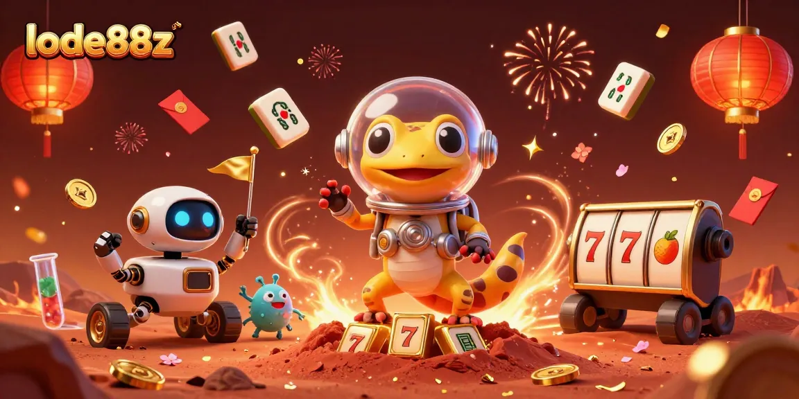 Join the Martian gecko in the lode88z golden casino adventure filled with vibrant celebration elements.