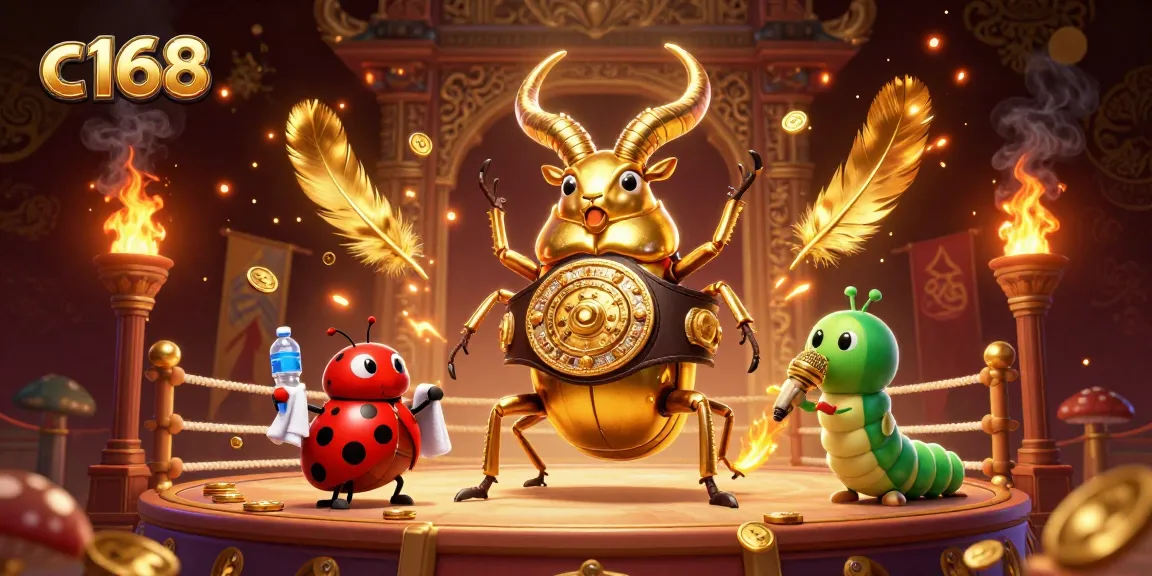 Experience thrilling bets with the c168 casino as a golden stag beetle battles in a vibrant casino atmosphere.