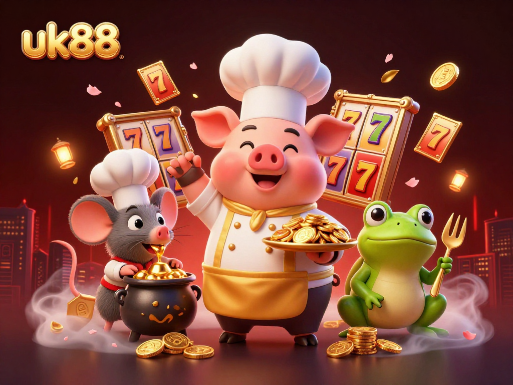 Experience the thrill of gambling at uk88 with a vibrant casino scene featuring a chef pig serving gold coins and engaging game elements.