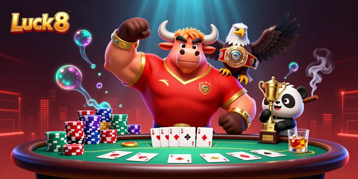 Engage in thrilling gaming with Luck 8, featuring cheerful characters and vibrant casino elements.