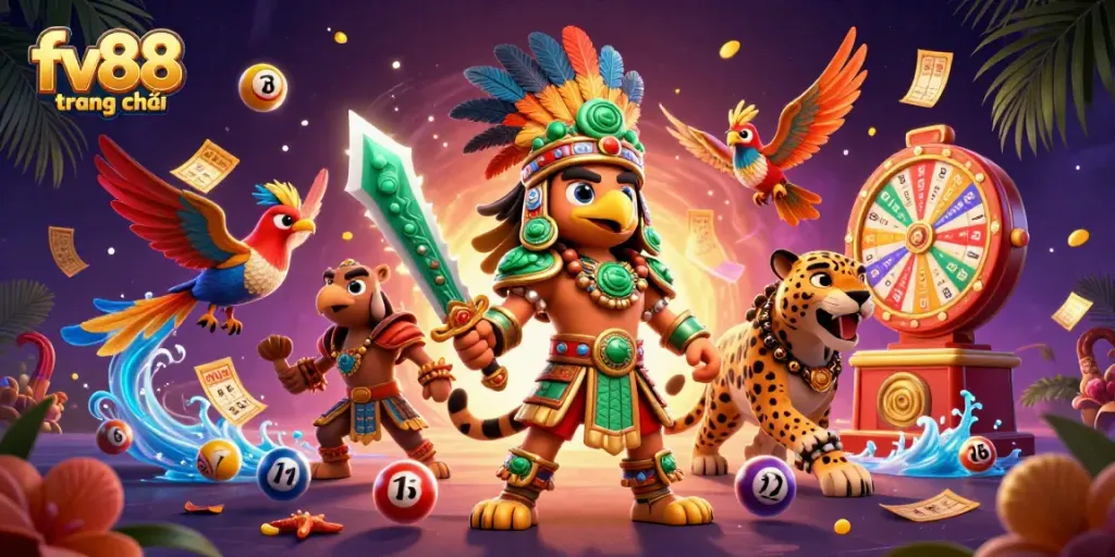 Experience thrilling gameplay at fv88 trang chủ with dynamic lottery balls and Aztec characters.