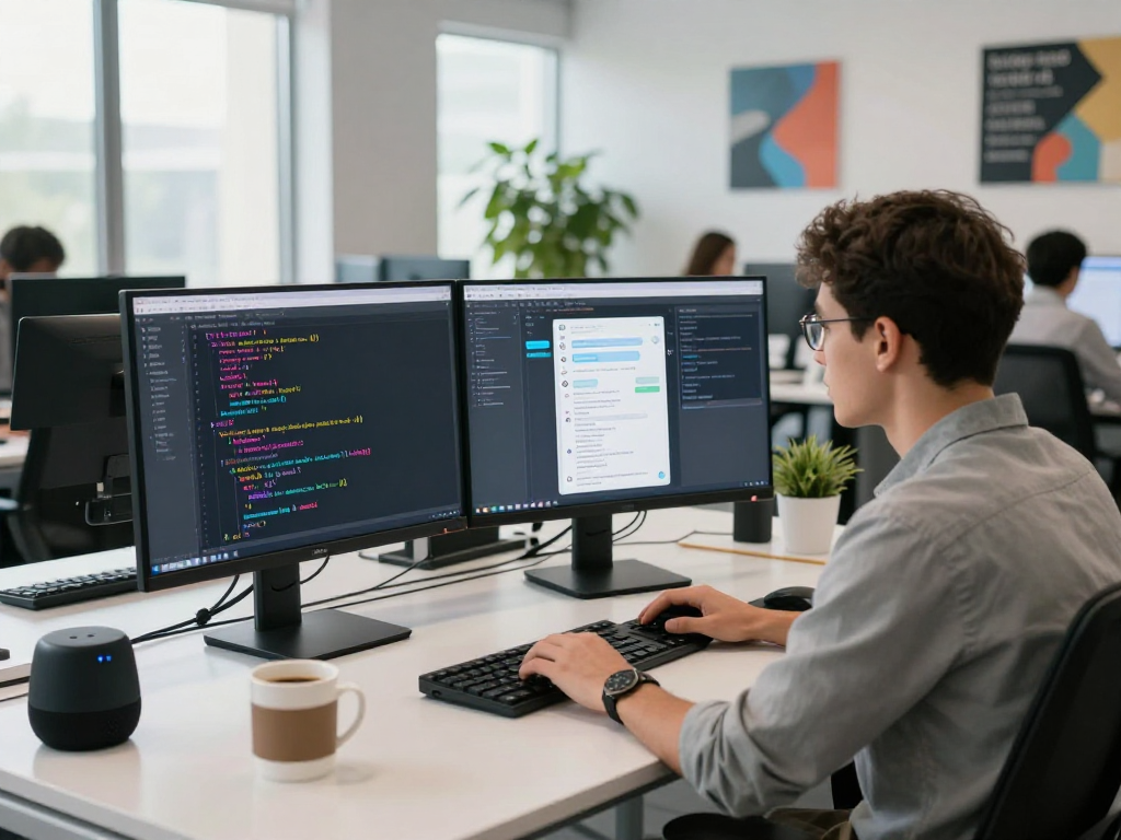 AI chat NSFW development scene in a modern tech office with dual monitors.
