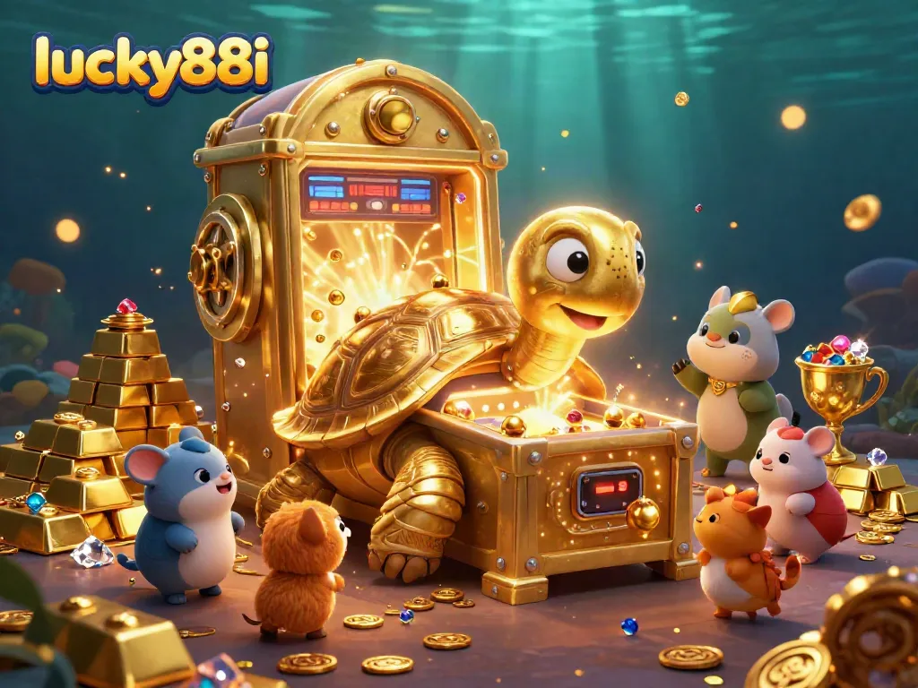 Engage in exciting gameplay at lucky88i with a vibrant, treasure-filled cartoon scene.