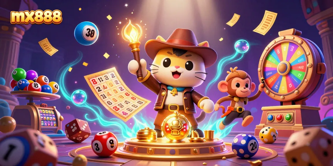 Experience the thrill of mx888 casino with a vibrant scene featuring an explorer cat and monkey, surrounded by dynamic gaming elements.