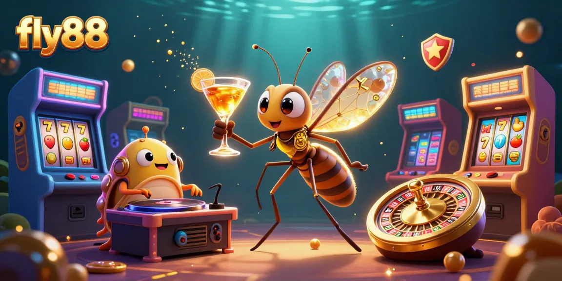 Experience exciting gaming with fly88, featuring a vibrant scene of casino elements and cartoon characters.