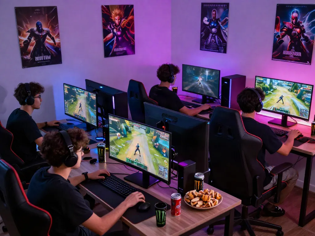 Group of gamers intensely playing at modern gaming setup with high-tech gear and vibrant RGB lighting at https://go889.de.com/.