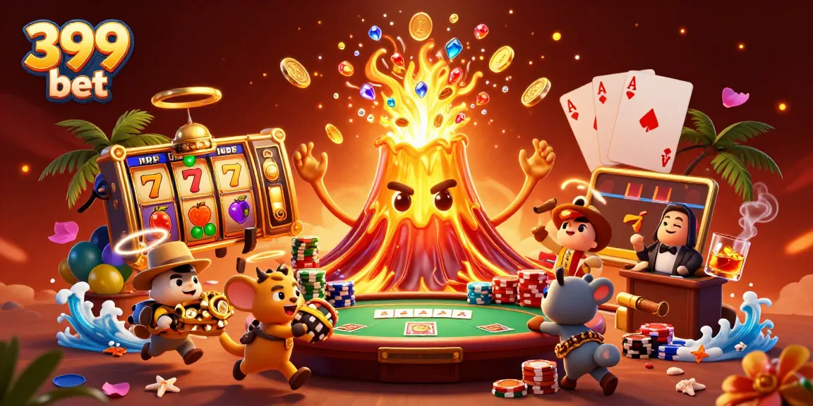 Experience the joy of winning at 399 bet with vibrant slot reels and a golden volcano erupting treasures.
