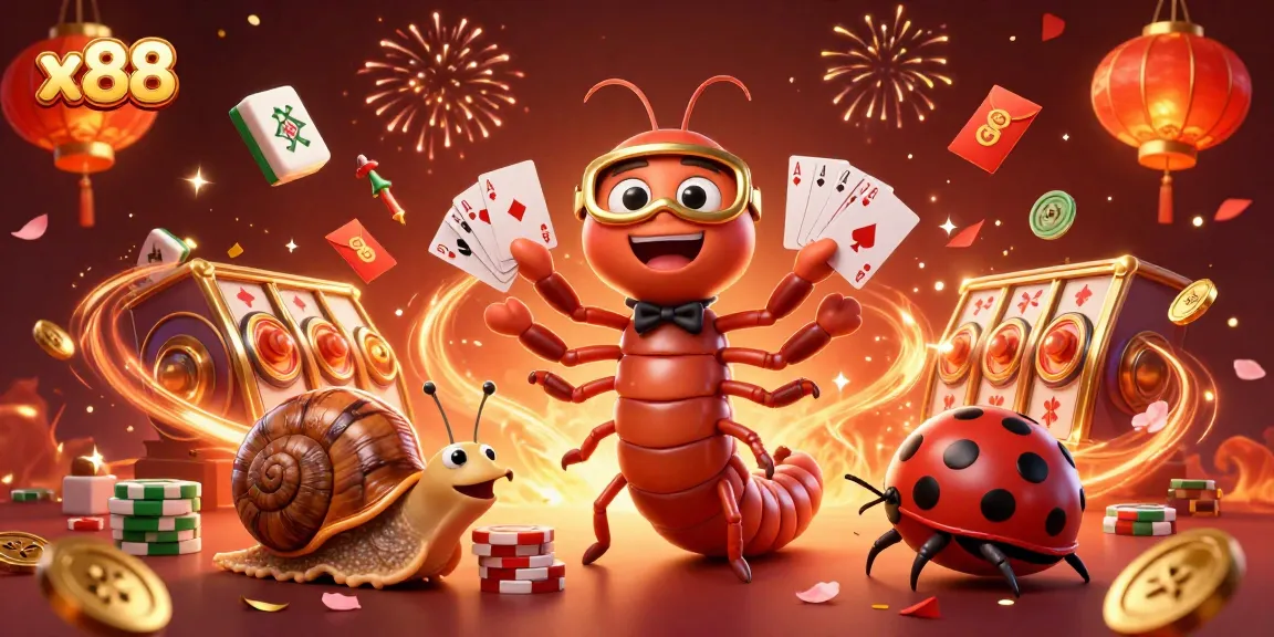 x88 engages players with a vibrant casino scene featuring a millipede dealer, high-roller snail, and festive elements.