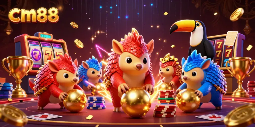 Engaging cm88 slot scene with rival pangolins rolling golden balls, surrounded by vibrant casino elements.