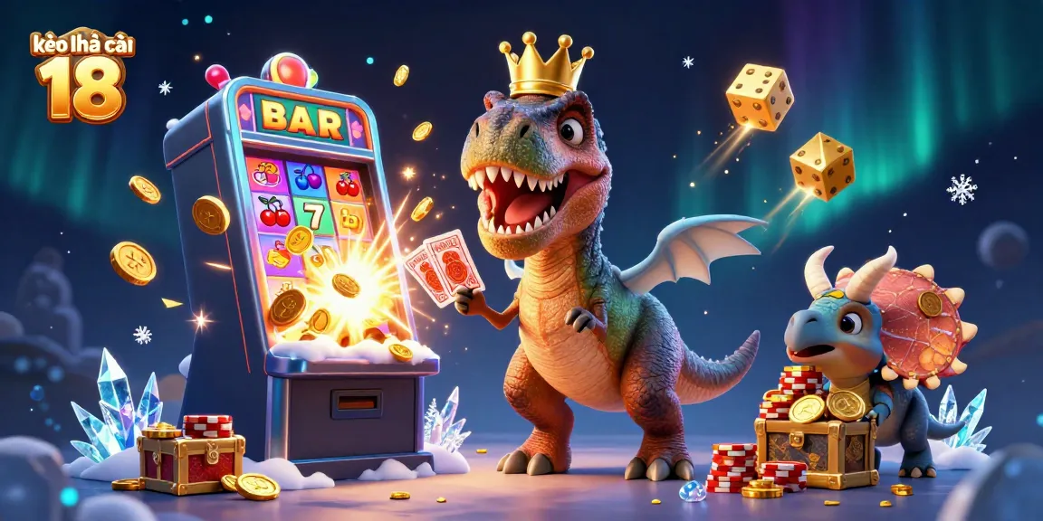 Kèo nhà cái 18 showcases a vibrant casino scene with T-Rex and friends handling cards, launching coins, and betting.