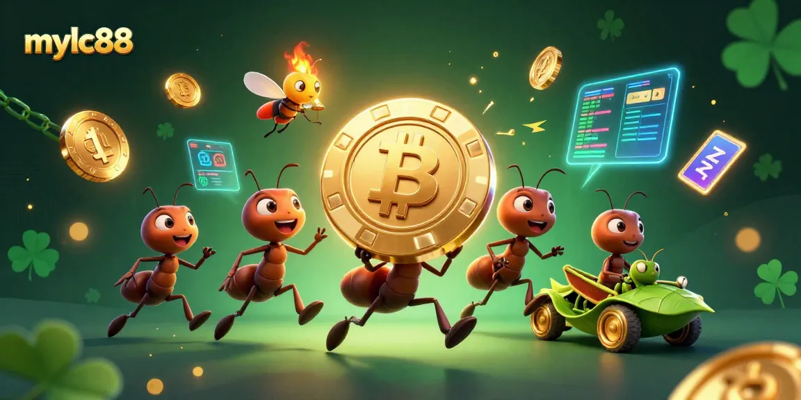 Experience the excitement of mylc88 as a team of animated ants carry a giant poker chip, showcasing thrilling casino action.