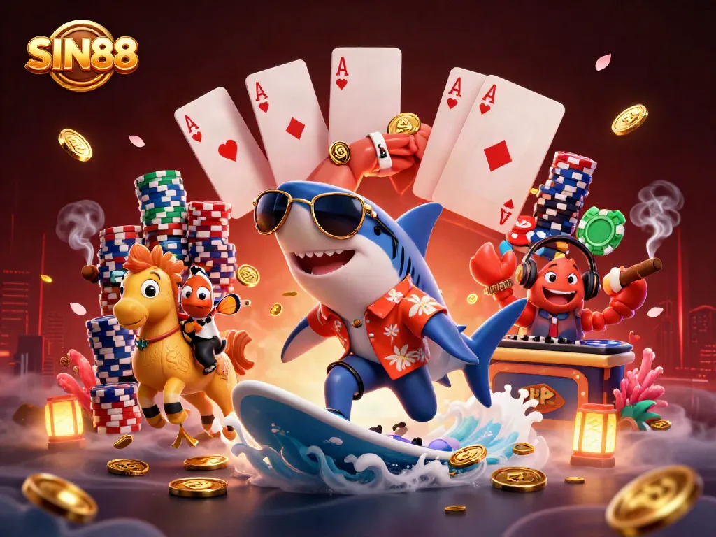 SIN88 showcases a colorful casino scene with a shark surfing on gold coins and vibrant poker elements.
