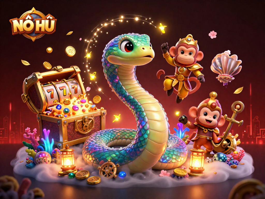 Experience thrilling gameplay with NỔ HŨ at a vibrant online casino featuring colorful characters and slot reels.