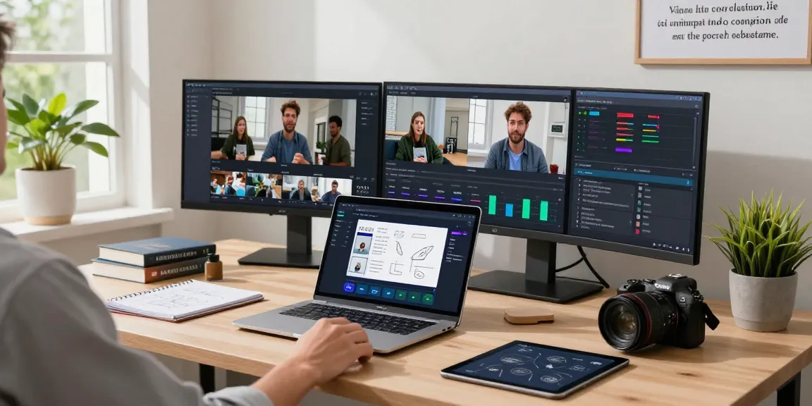 Professional workspace with video to prompt converter software on screens, reflecting AI creativity and innovation.