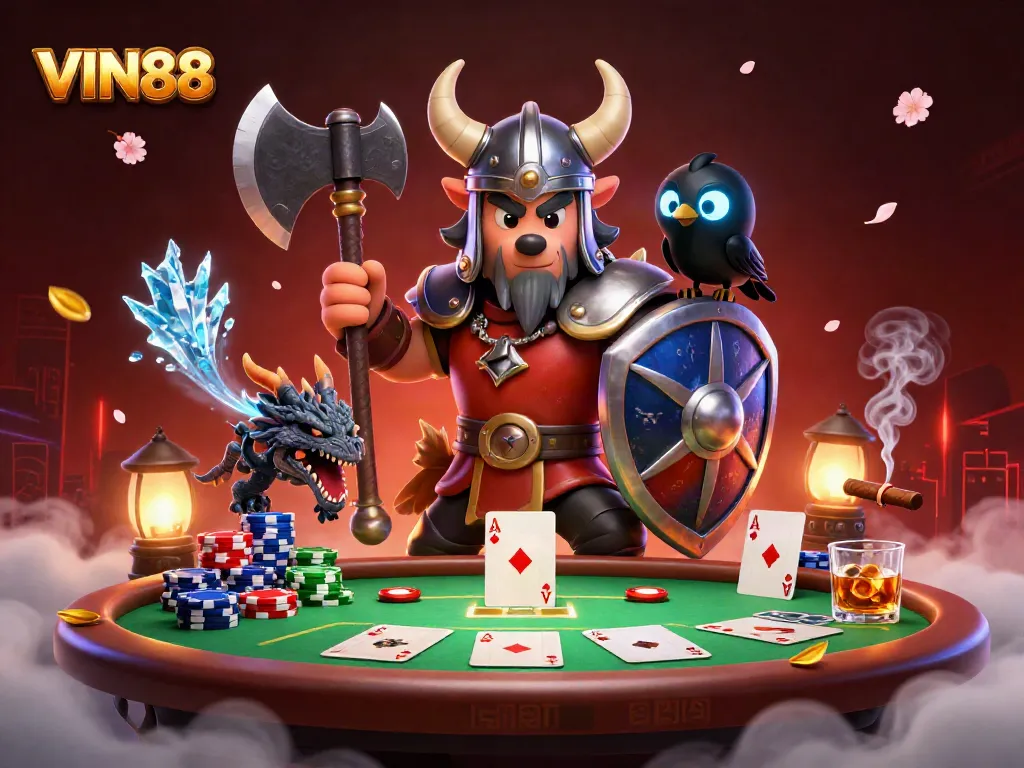 VIN88 Viking warrior and dragon dominate the poker scene, showcasing heroic gambling excitement.