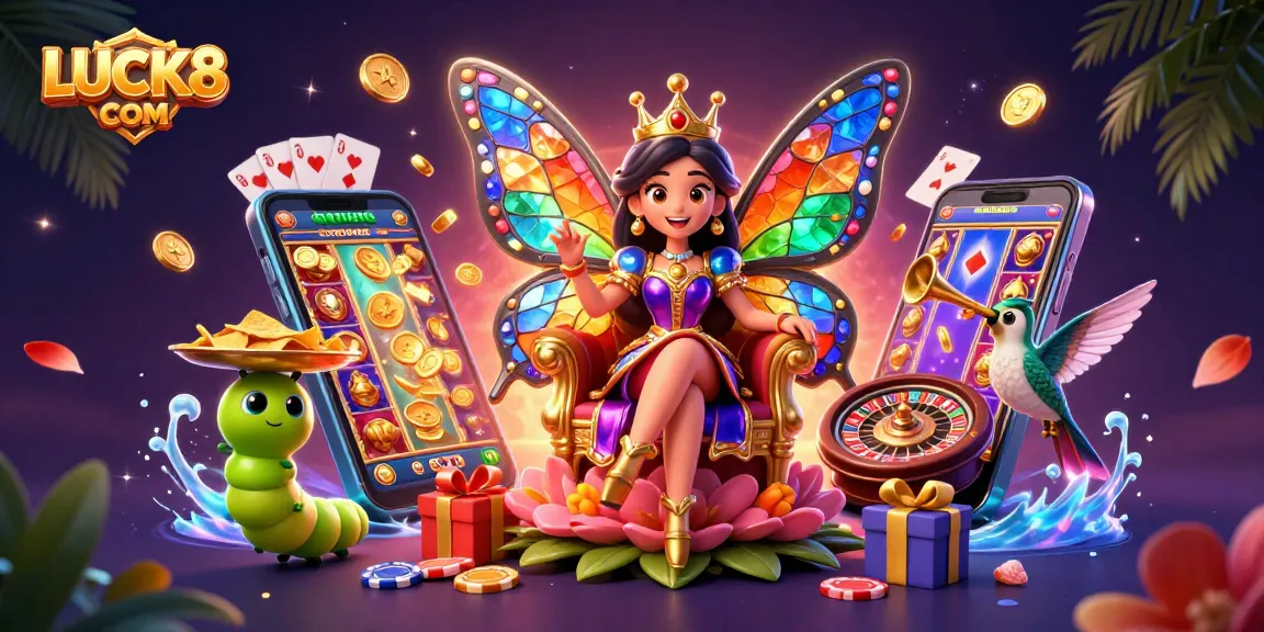 Experience captivating entertainment with LUCK8 COM featuring vibrant illustrations of a casino theme.