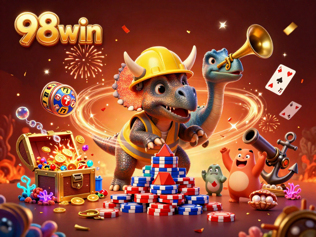 Cheerful 98win scene of triceratops stacking poker chips with festive confetti and slot machines