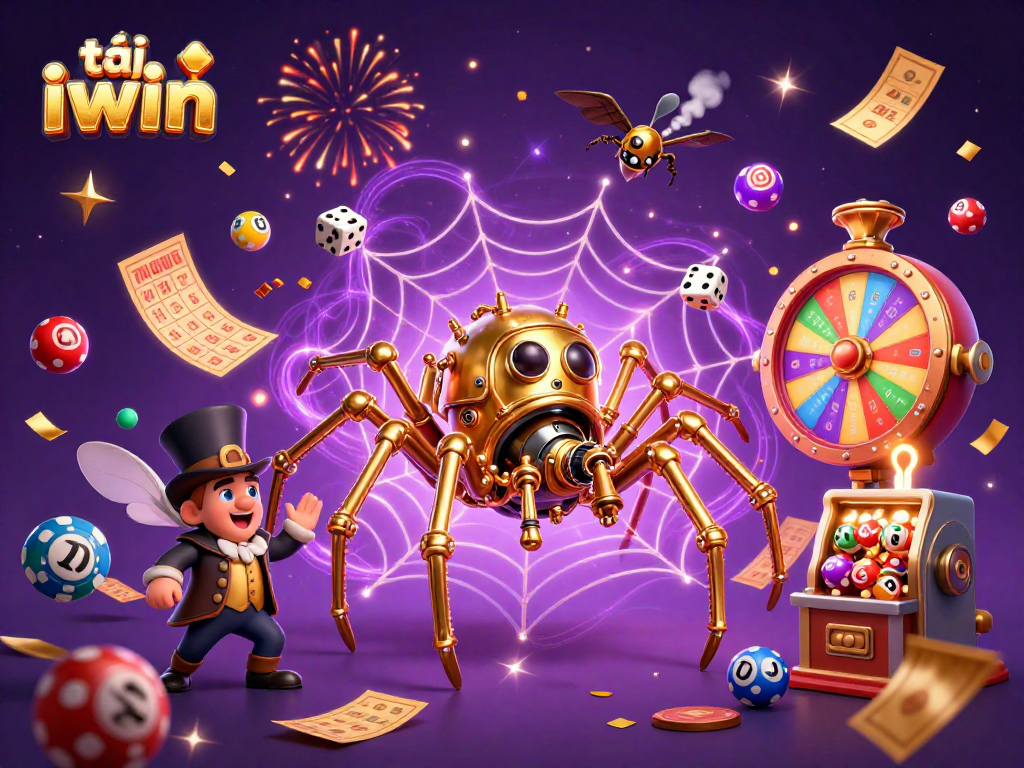 Tải iwin: Catch vibrant lottery balls and playful characters in an exciting casino web scene.